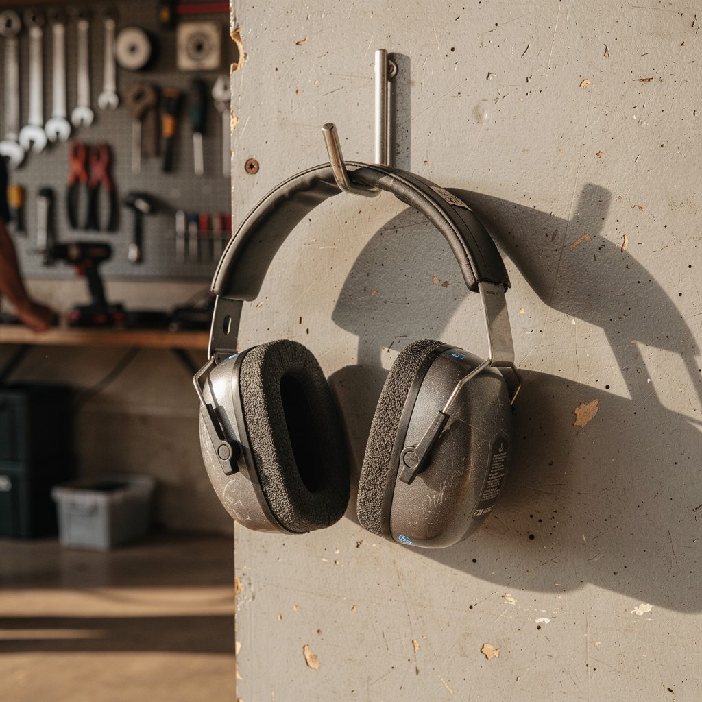 Foam-lined ear defenders hanging on a workshop wall hook