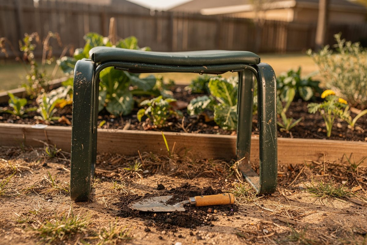 Garden kneeler and seat bench set up beside a vegetable bed