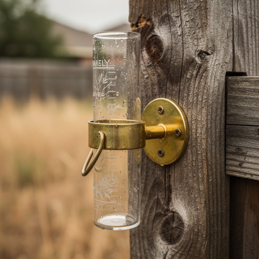 Glass rain gauge in a brass bracket mounted on a wooden fence post