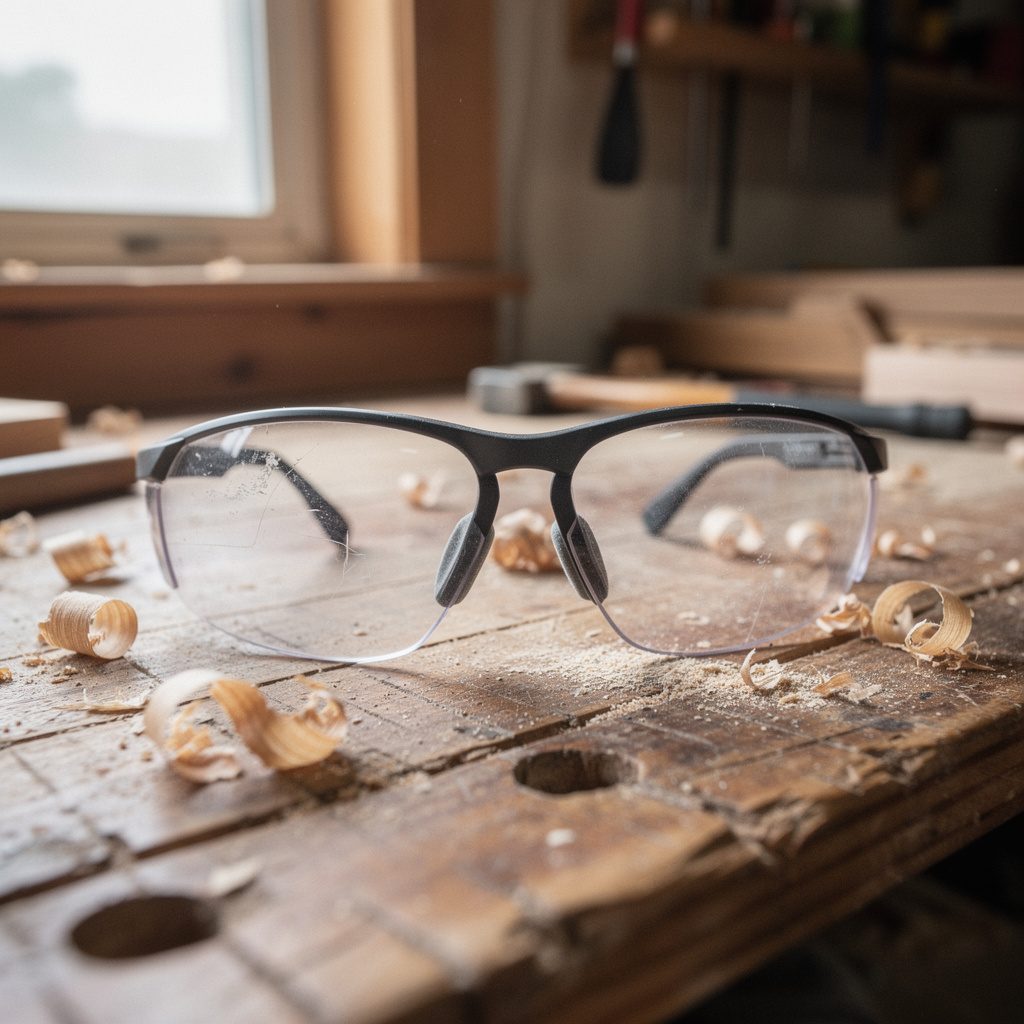 Anti-fog safety glasses resting on a wooden workbench