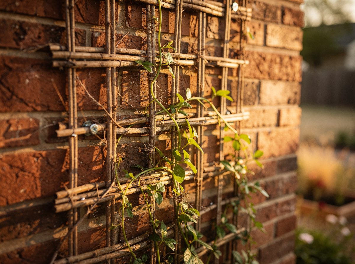Woven willow trellis panel against a wall with climbing vines
